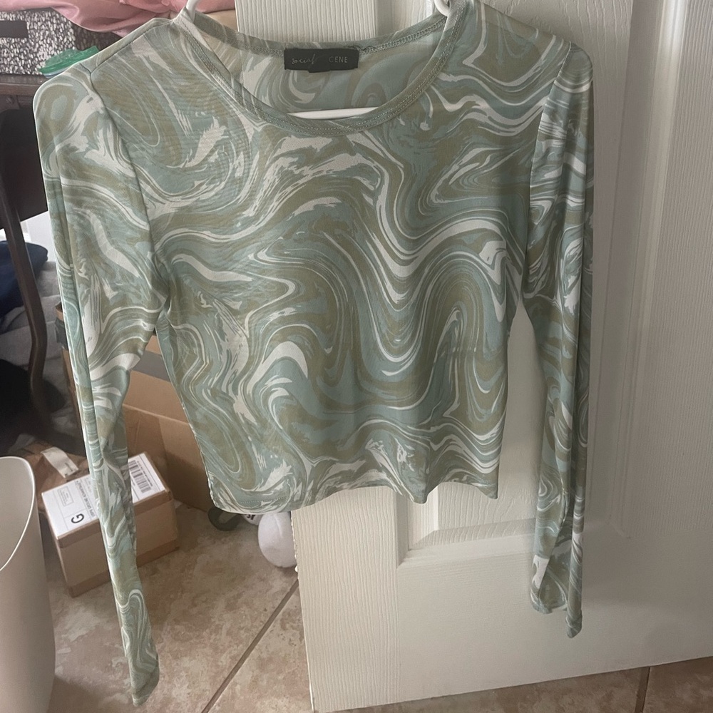 Green and Blue Psychedelic Long Sleeve Crop - Size M